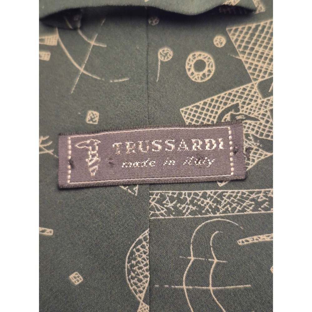 Trussardi Mens Silk Tie Geometric Abstract Print Green Tan Made in Italy VTG - Picture 7 of 9